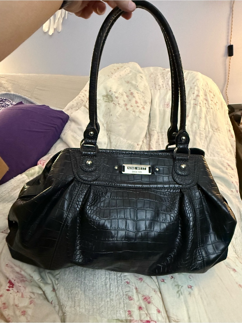 Vintage Nine West Black Croc-Embossed Satchel Handbag